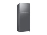 OBtech Samsung 411L top-mounted freezer refrigerator in a sleek grey finish with modern recessed handles.