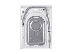 Rear view of the white OBtech Samsung 9Kg front-load washing machine showing the metal panel and drainage hose.