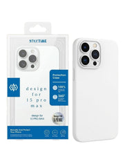 OBtech Stop Time semi-transparent white iPhone 15 Pro Max protective case next to its retail packaging box.
