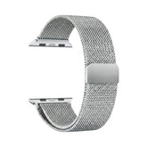 OBtech silver stainless steel Milanese mesh magnetic chain strap for smartwatches with a secure adjustable clasp.
