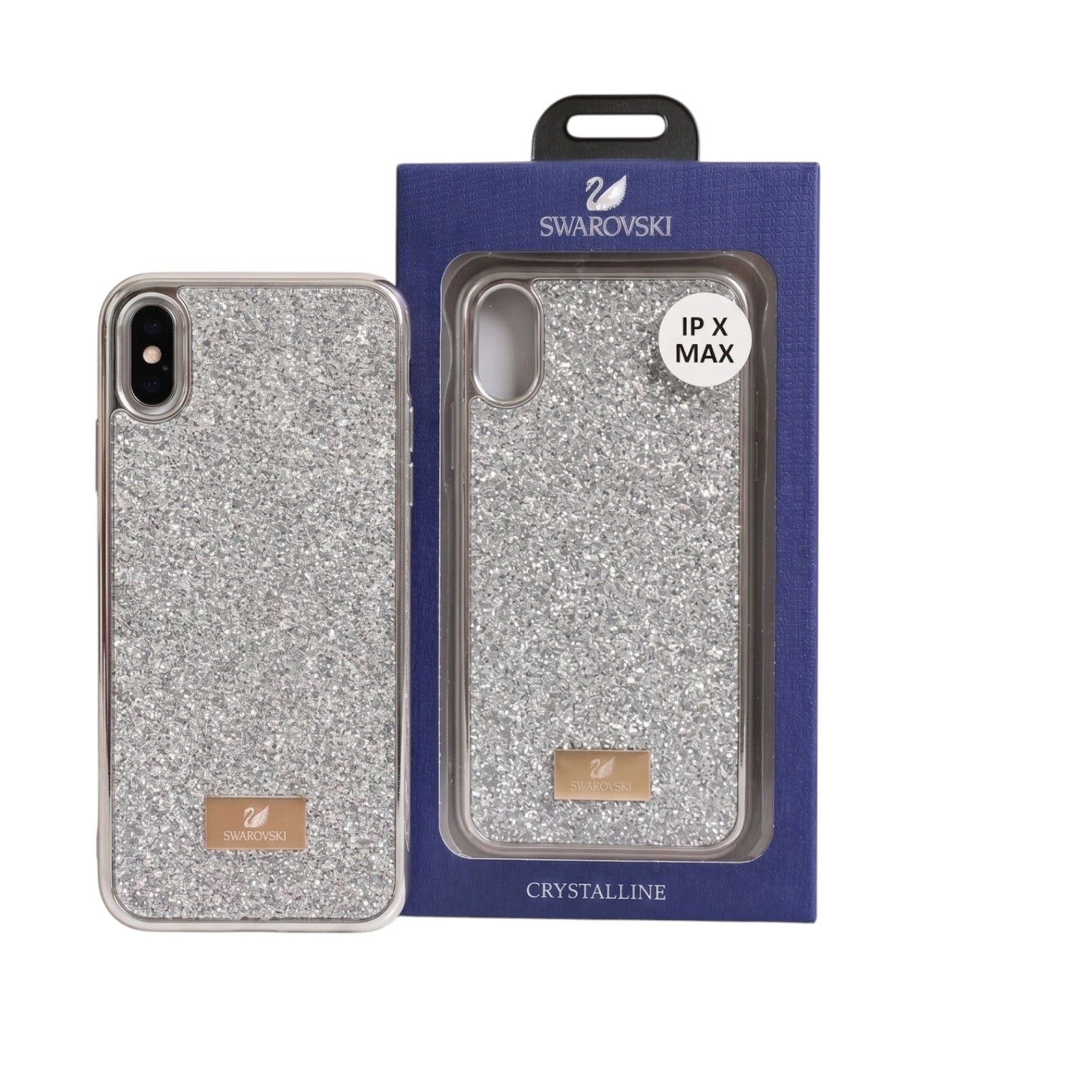 OBtech Swarovski Crystalline silver glitter iPhone X Max phone case with branded metal logo plate and retail box