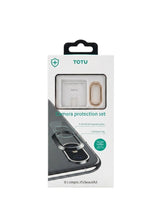 OBtech Totu camera protection set for iPhone XS and XS Max featuring tempered glass lens covers and metal rings.
