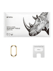 OBtech Totu camera protection set for iPhone XS and XS Max featuring a gold lens ring and tempered glass film