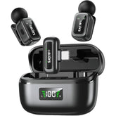 OBtech Ven-Dens VD-MIC026 dual wireless microphone set with black charging case and digital battery display