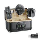 OBtech Ven-Dens VD-MIC030 dual wireless microphone system with charging case, digital display, and plug-in receivers.