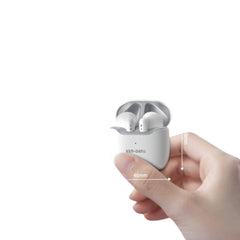 OBtech Ven-Dens VD-BT030 white wireless earbuds in a compact charging case held in a hand with size dimensions