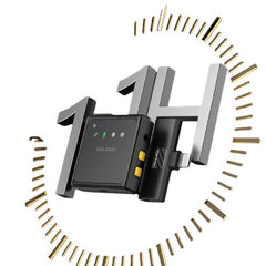 OBtech Ven-Dens VD-MIC011 wireless lavalier microphone set with Type-C receiver against a clock graphic background.