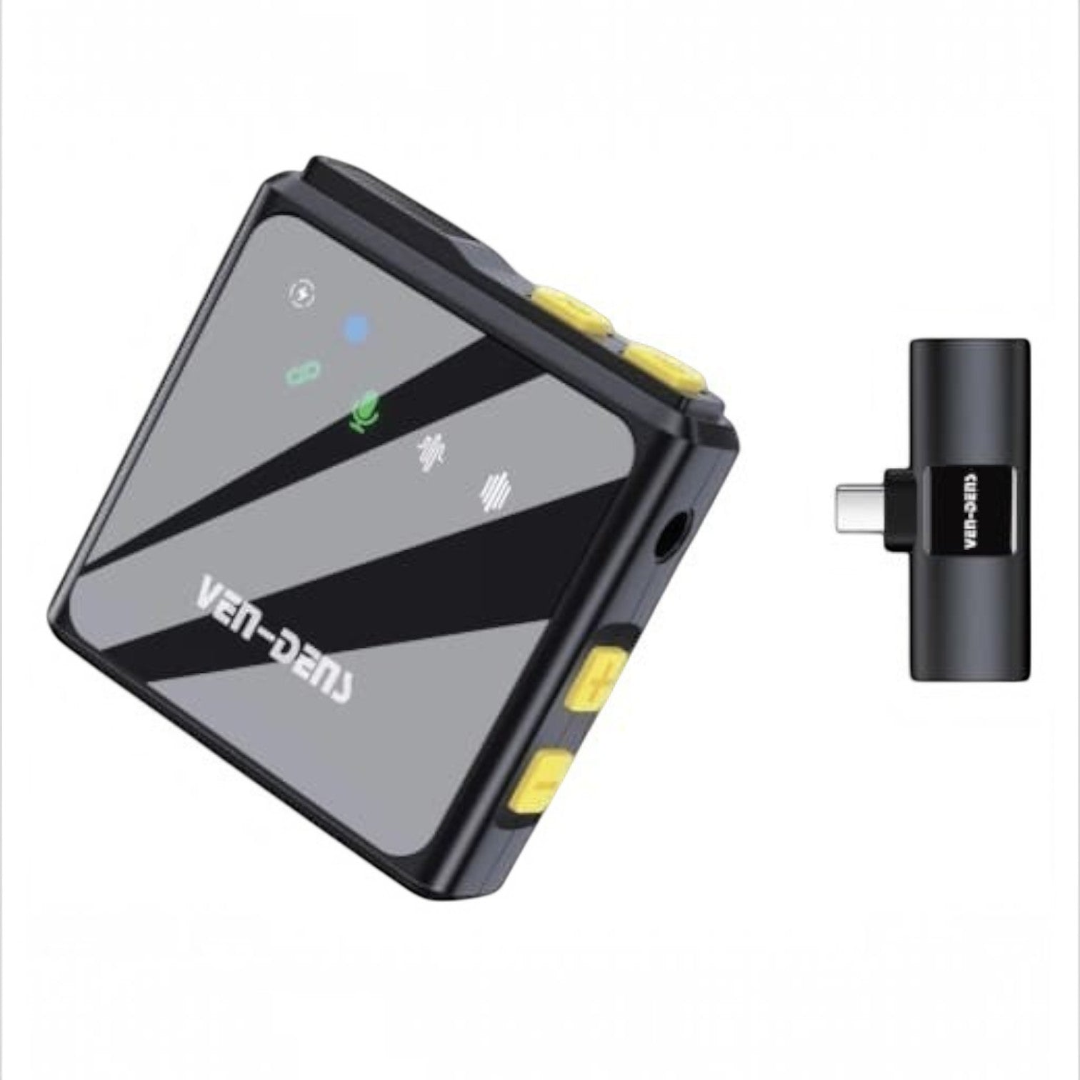 OBtech Ven-Dens VD-MIC011 wireless lavalier microphone with Type-C receiver, featuring a black compact design.