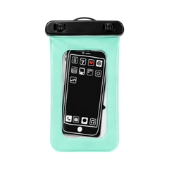 OBtech waterproof mobile phone pouch in mint green with a secure black locking seal for beach and outdoor use.