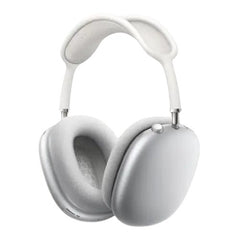 OBtech white over-ear wireless headphones with a stainless steel frame and soft memory foam ear cushions.