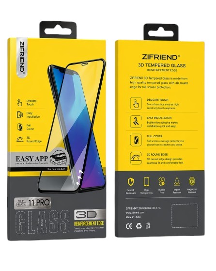 OBtech Z Friend 3D tempered glass screen protector packaging for iPhone 11 Pro showing features and product details.