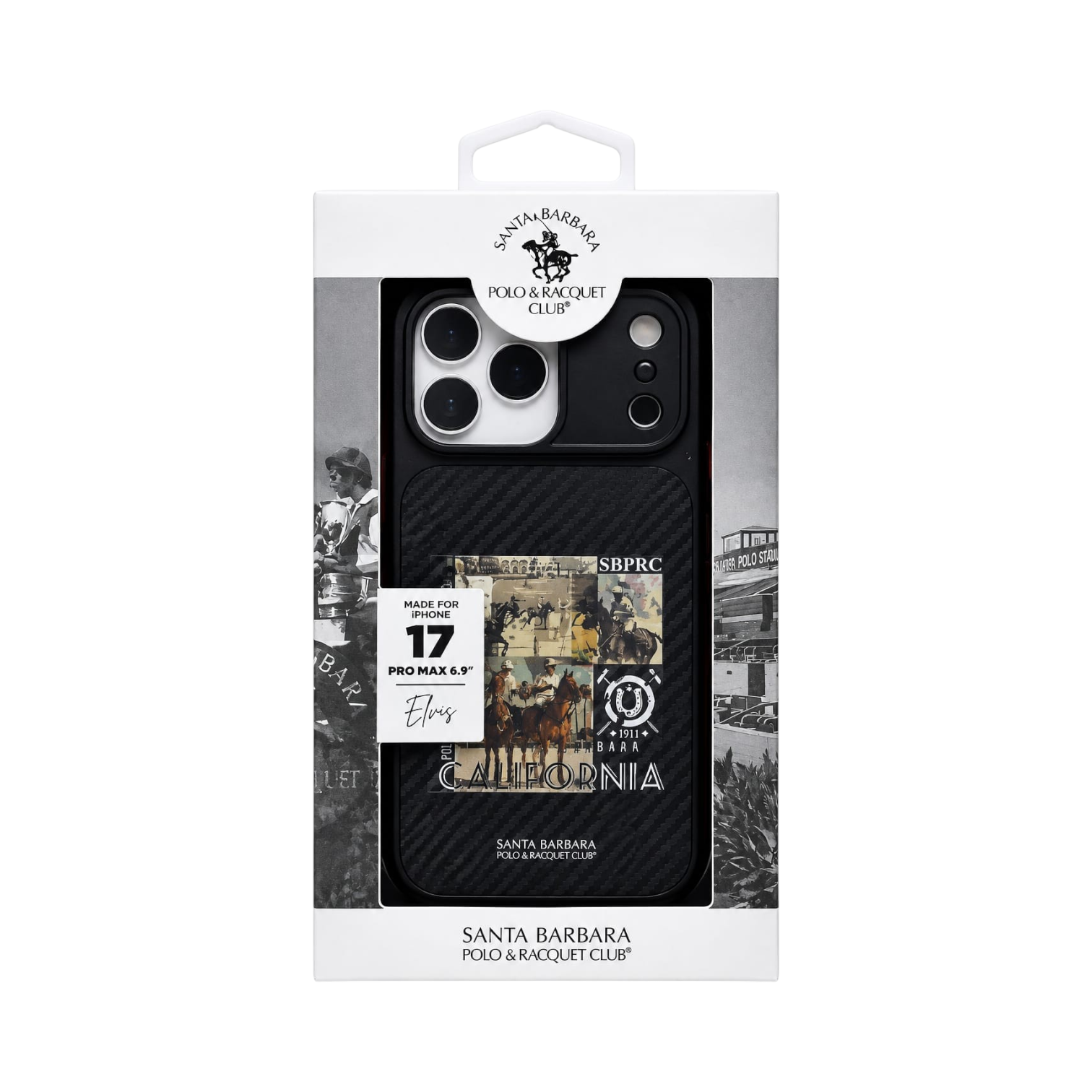 OBtech Santa Barbara POLO & RACQUET CLUB iPhone 17 Pro Max case featuring a carbon fiber texture and polo collage design.