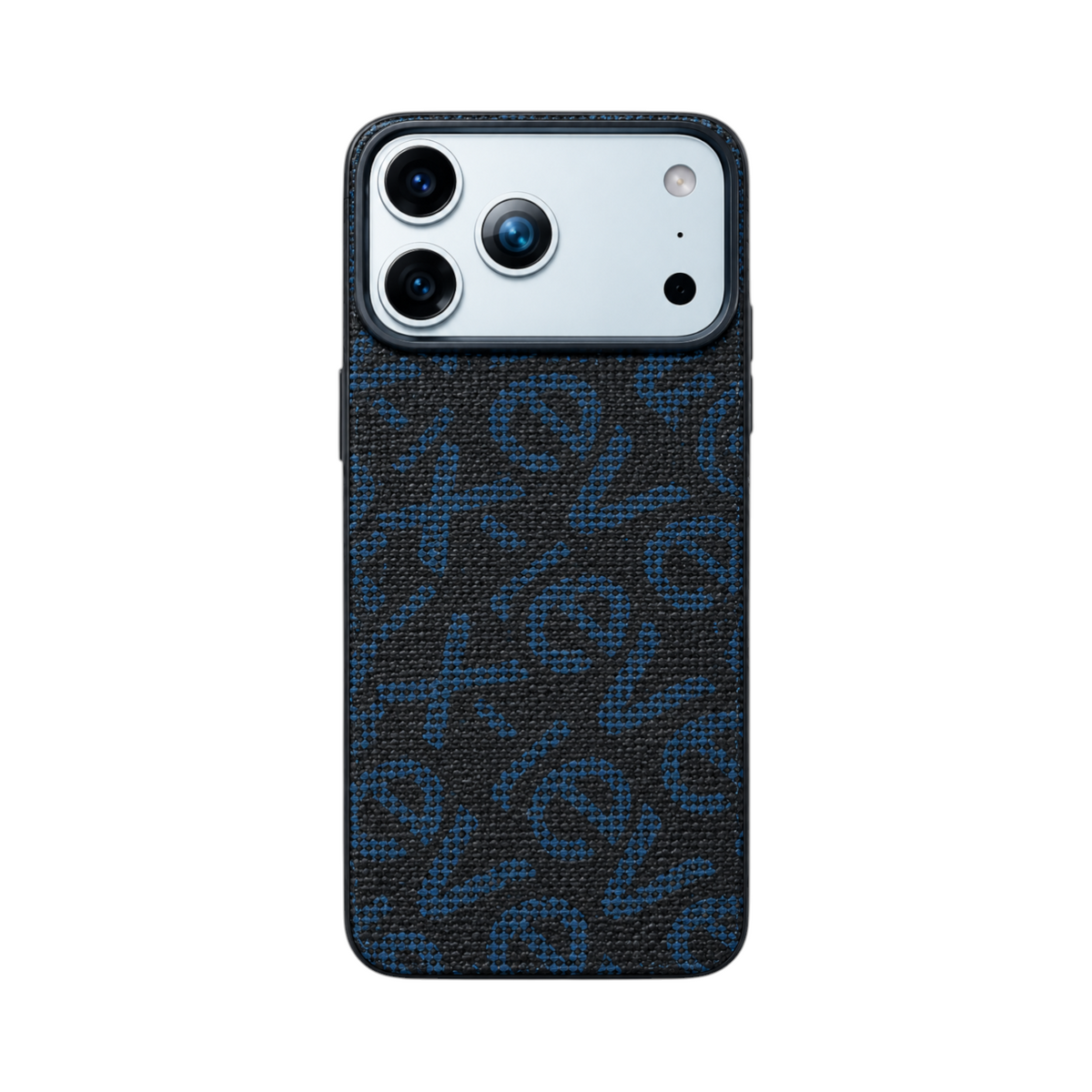OBtech X-LEVEL MagSafe iPhone 17 Pro Max case with a black and blue textured monogram pattern and camera protection.