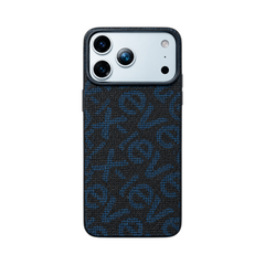OBtech X-LEVEL MagSafe iPhone 17 Pro Max case with a black and blue textured monogram pattern and camera protection.