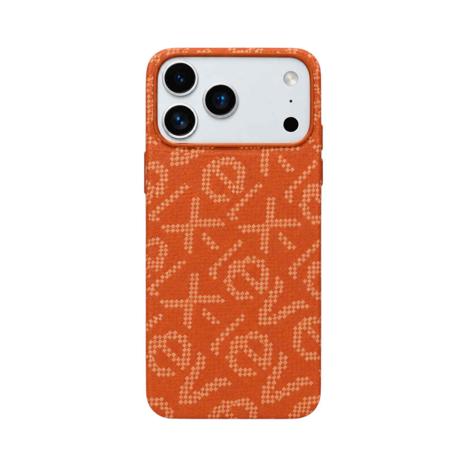 OBtech X-LEVEL MagSafe iPhone 17 Pro Max case in orange with a textured pixelated pattern and camera lens guard