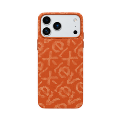 OBtech X-LEVEL MagSafe iPhone 17 Pro Max case in orange with a textured pixelated pattern and camera lens guard