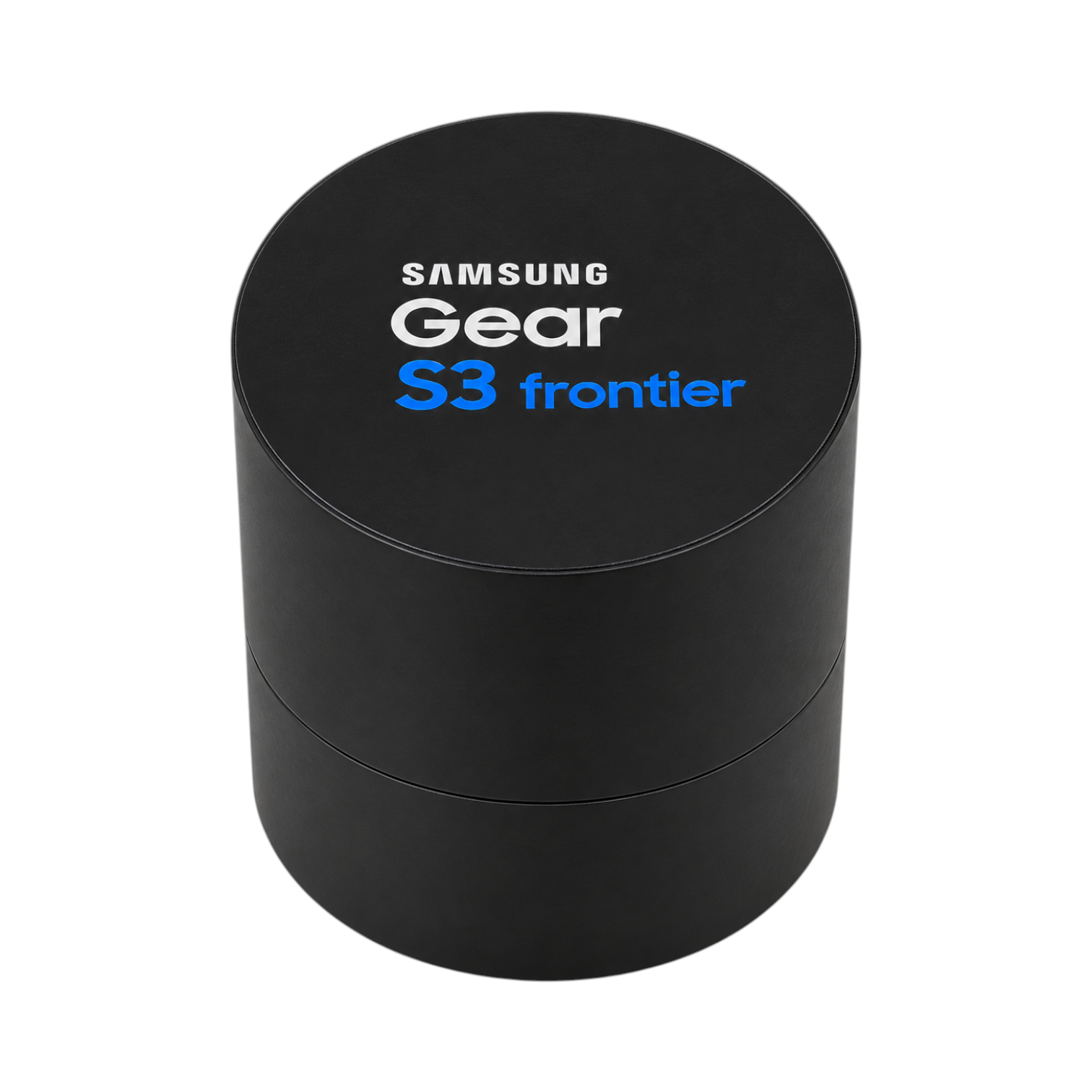 OBtech Samsung Galaxy Gear S3 Frontier black cylindrical smartwatch packaging box viewed from above