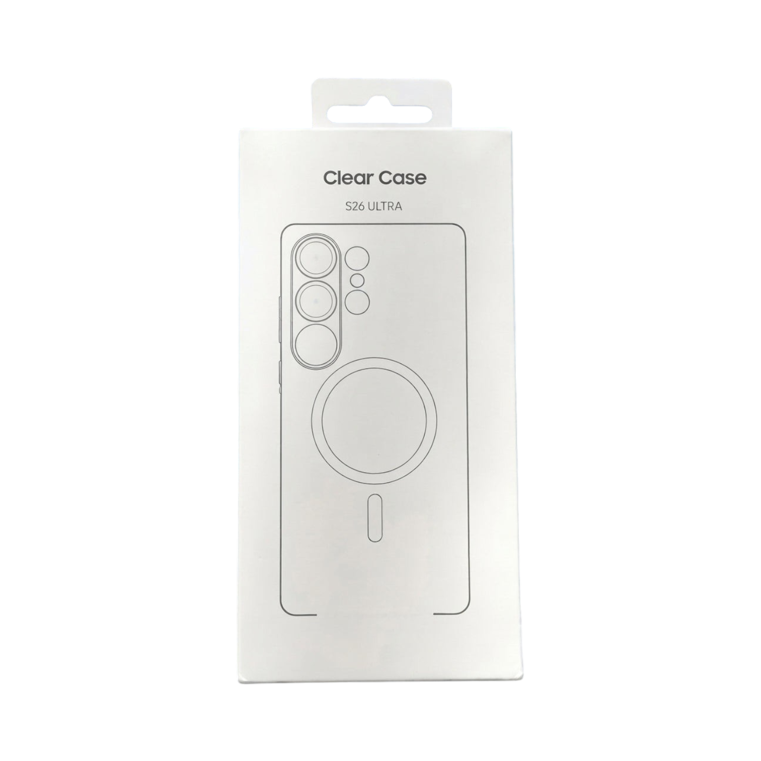 OBtech Samsung Galaxy S26 Ultra transparent magnetic clear case in retail packaging with phone outline illustration