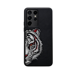 OBtech NIMMY Samsung Galaxy S25 Ultra case featuring a detailed embroidered white tiger on black textured leather