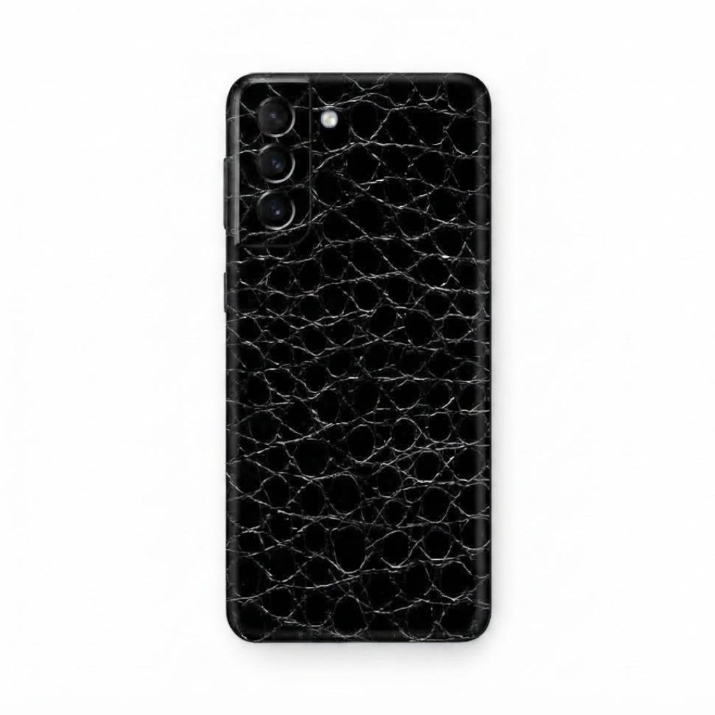 OBtech Samsung Galaxy S21 back cover in matte black with a textured crocodile leather pattern and slim profile.