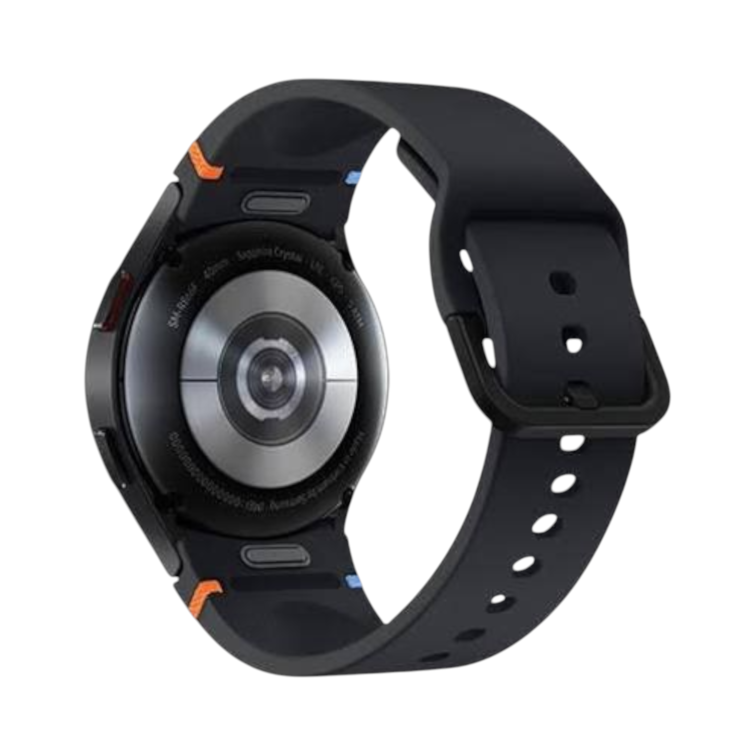 OBtech Samsung Galaxy Watch FE showing the black silicone strap and rear health sensor casing