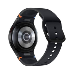 OBtech Samsung Galaxy Watch FE showing the black silicone strap and rear health sensor casing