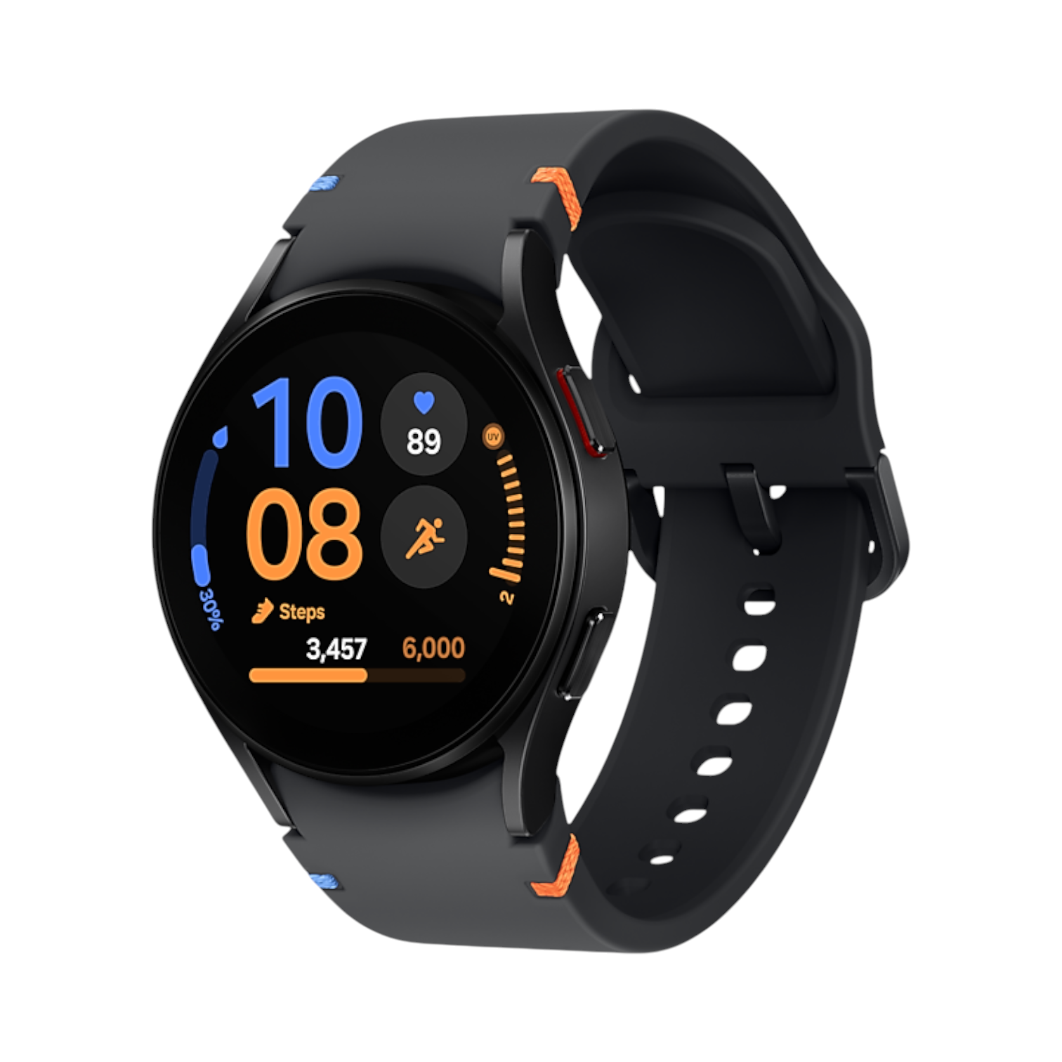 OBtech Samsung Galaxy Watch FE with a black silicone band, featuring a vibrant Super AMOLED touchscreen display.