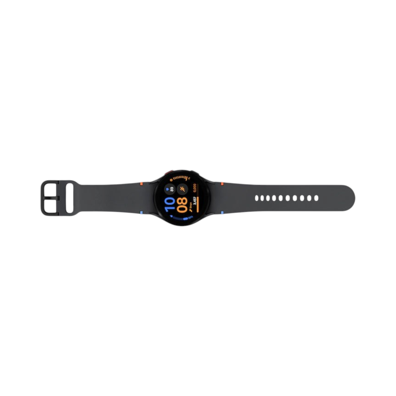 OBtech Samsung Galaxy Watch FE with a black strap and vibrant digital watch face on a white background.