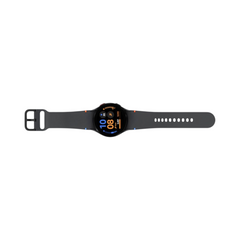 OBtech Samsung Galaxy Watch FE with a black strap and vibrant digital watch face on a white background.