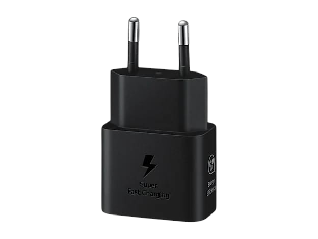 OBtech Samsung 25W black USB-C power adapter with Super Fast Charging logo and energy efficiency icon