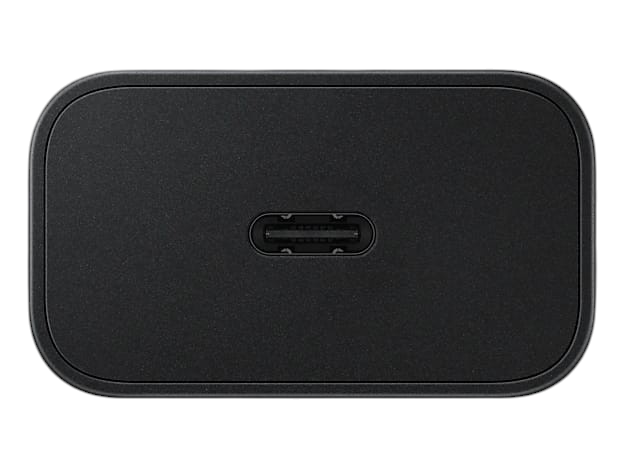 OBtech Samsung 25W USB-C power adapter showing the central charging port on a black matte surface