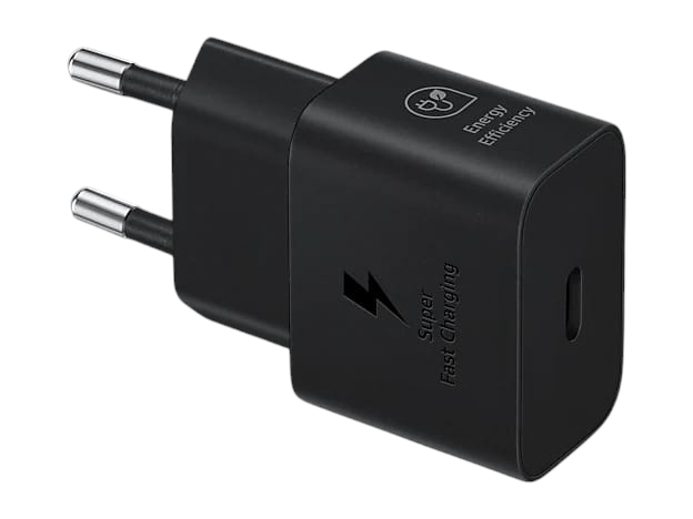 OBtech Samsung 25W USB-C power adapter in black with Super Fast Charging and energy efficiency icons