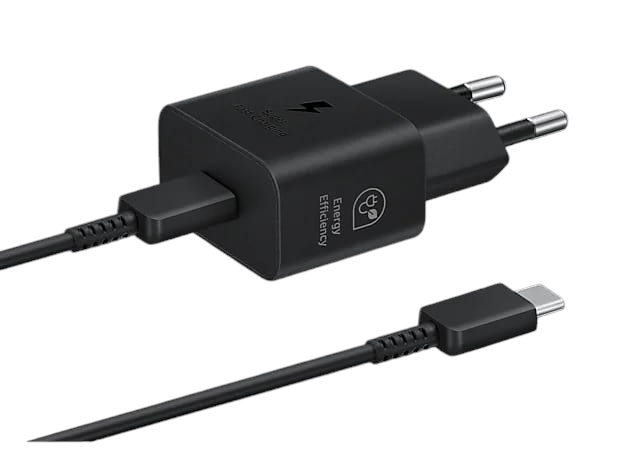 OBtech Samsung 25W USB-C power adapter and cable for fast charging, featuring a compact black design.