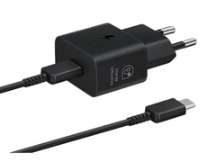 OBtech Samsung 25W USB-C power adapter and cable for fast charging, featuring a compact black design.