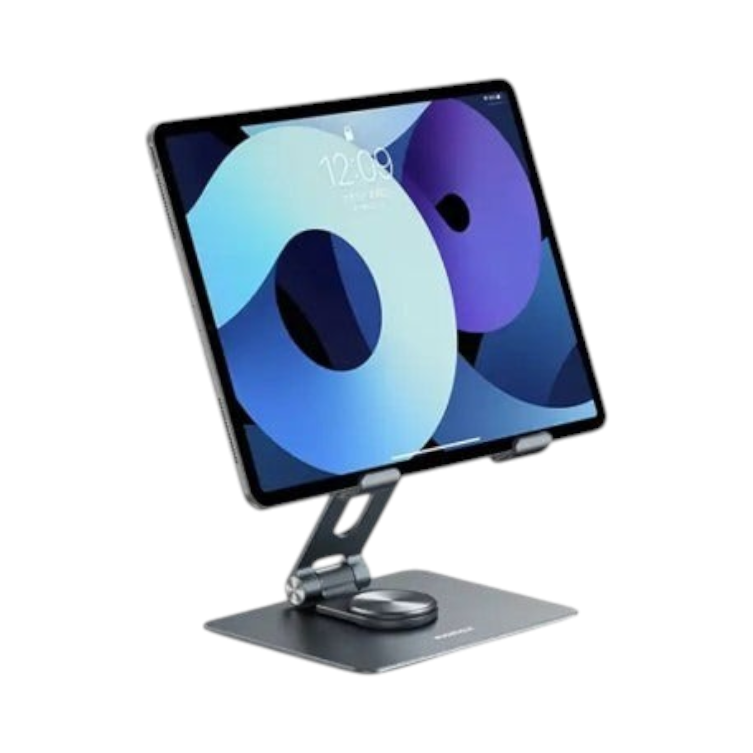 OBtech RECCI RHO M16 grey foldable multi-angle tablet stand holding a tablet for hands-free viewing.