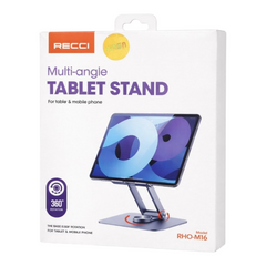 OBtech RECCI RHO M16 multi-angle tablet stand in retail packaging showing 360-degree rotation feature