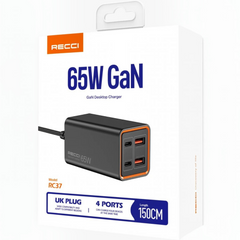 OBtech RECCI R37E 65W GaN desktop charger with 4 ports in black packaging