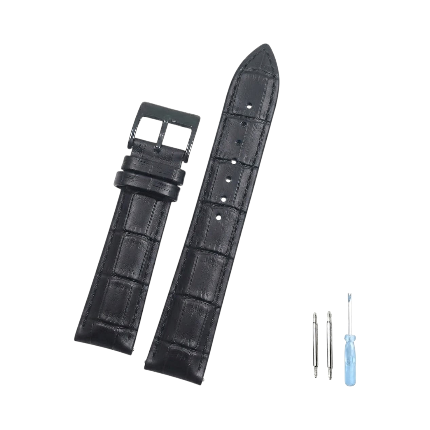 OBtech FIZZ black leather smart watch strap with embossed striped texture, polished buckle, and installation tools.
