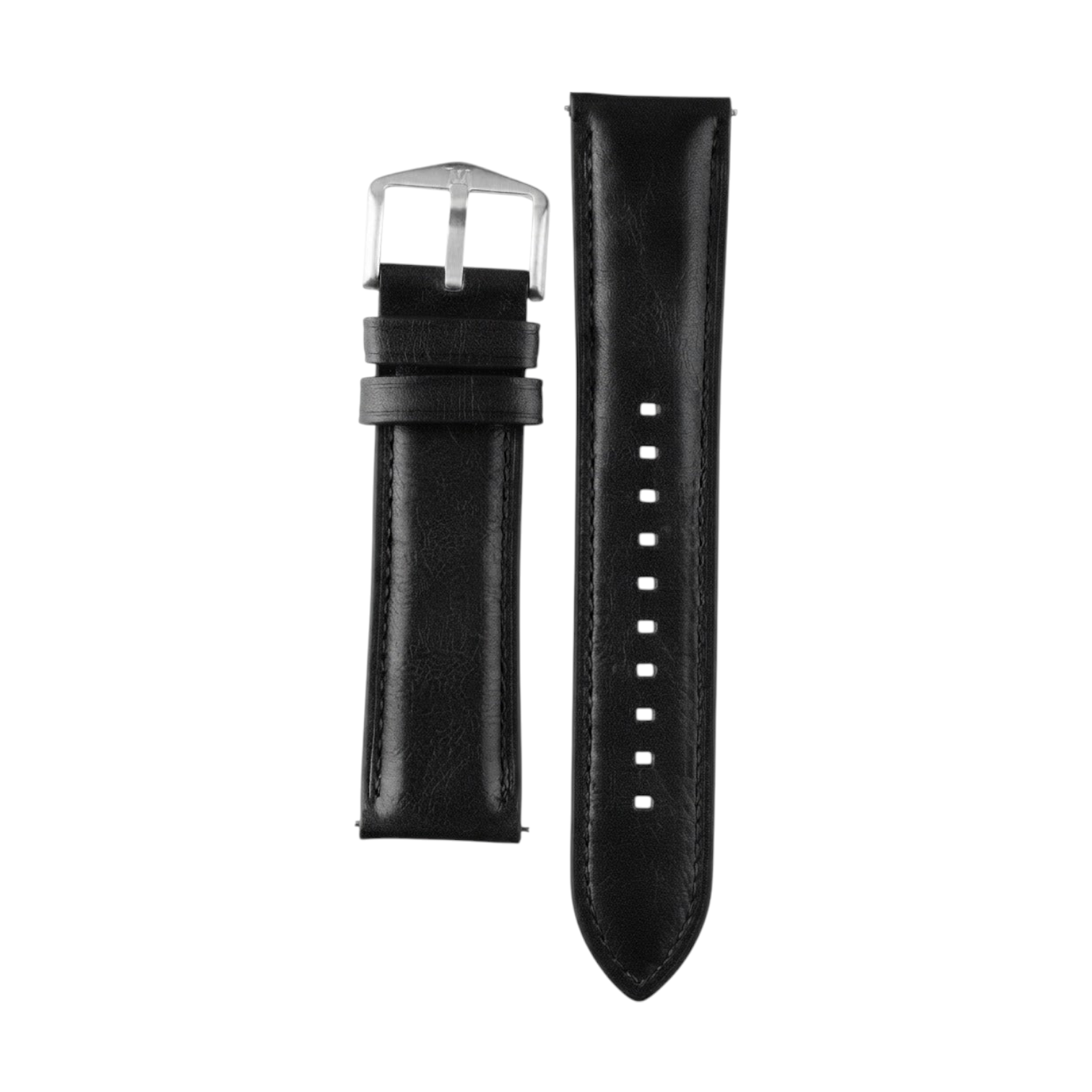 OBtech FIZZ black leather smartwatch strap with a silver metal buckle and textured finish