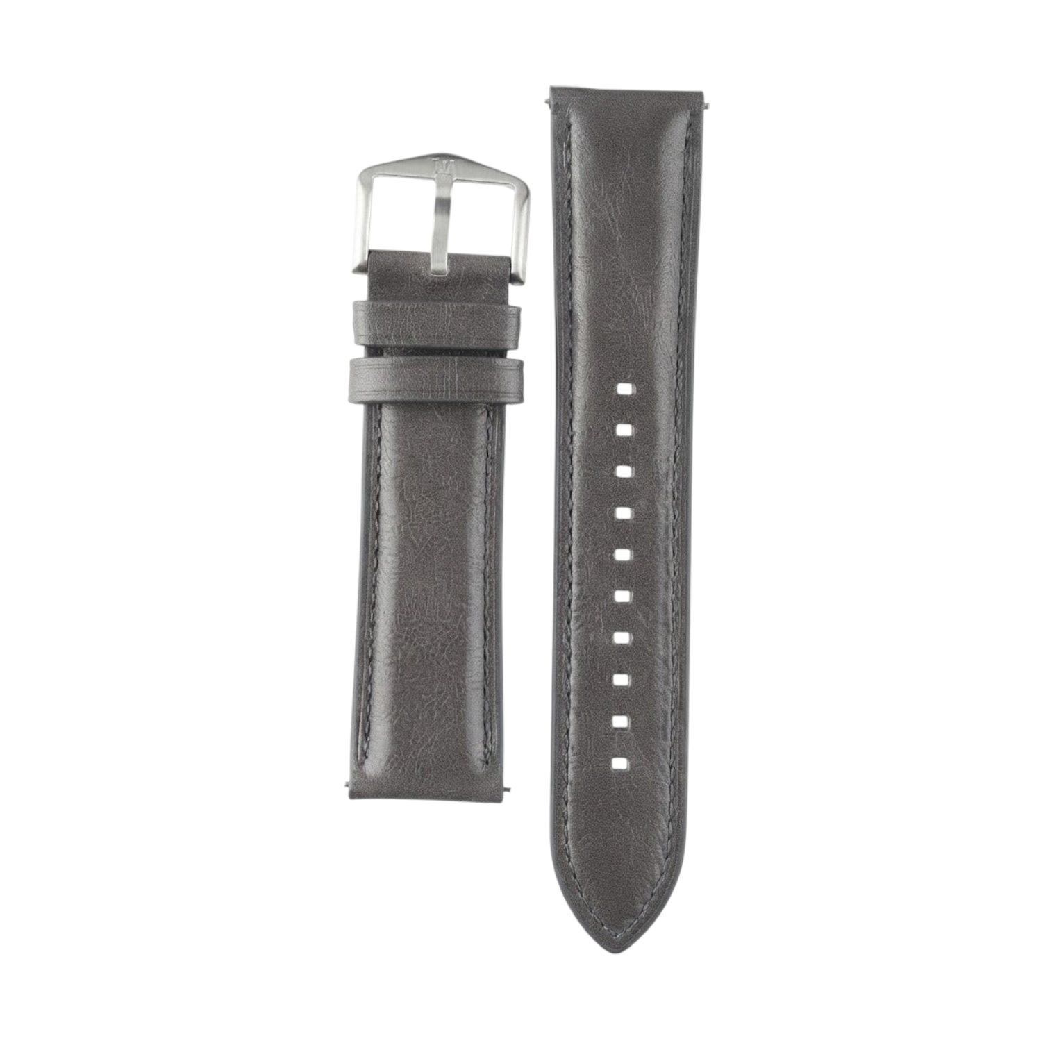 OBtech FIZZ grey leather smartwatch strap with textured finish, silver buckle, and precision stitching.
