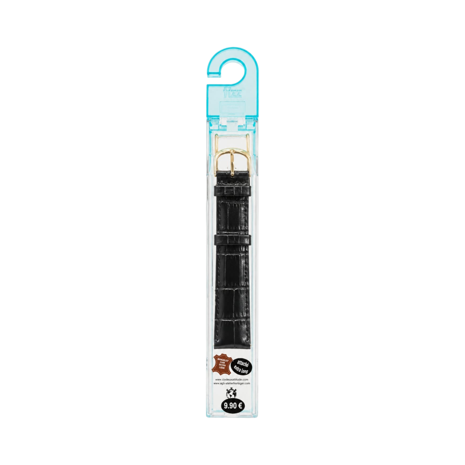 OBtech FIZZ black leather smart watch strap with embossed striped texture and polished gold buckle in retail packaging