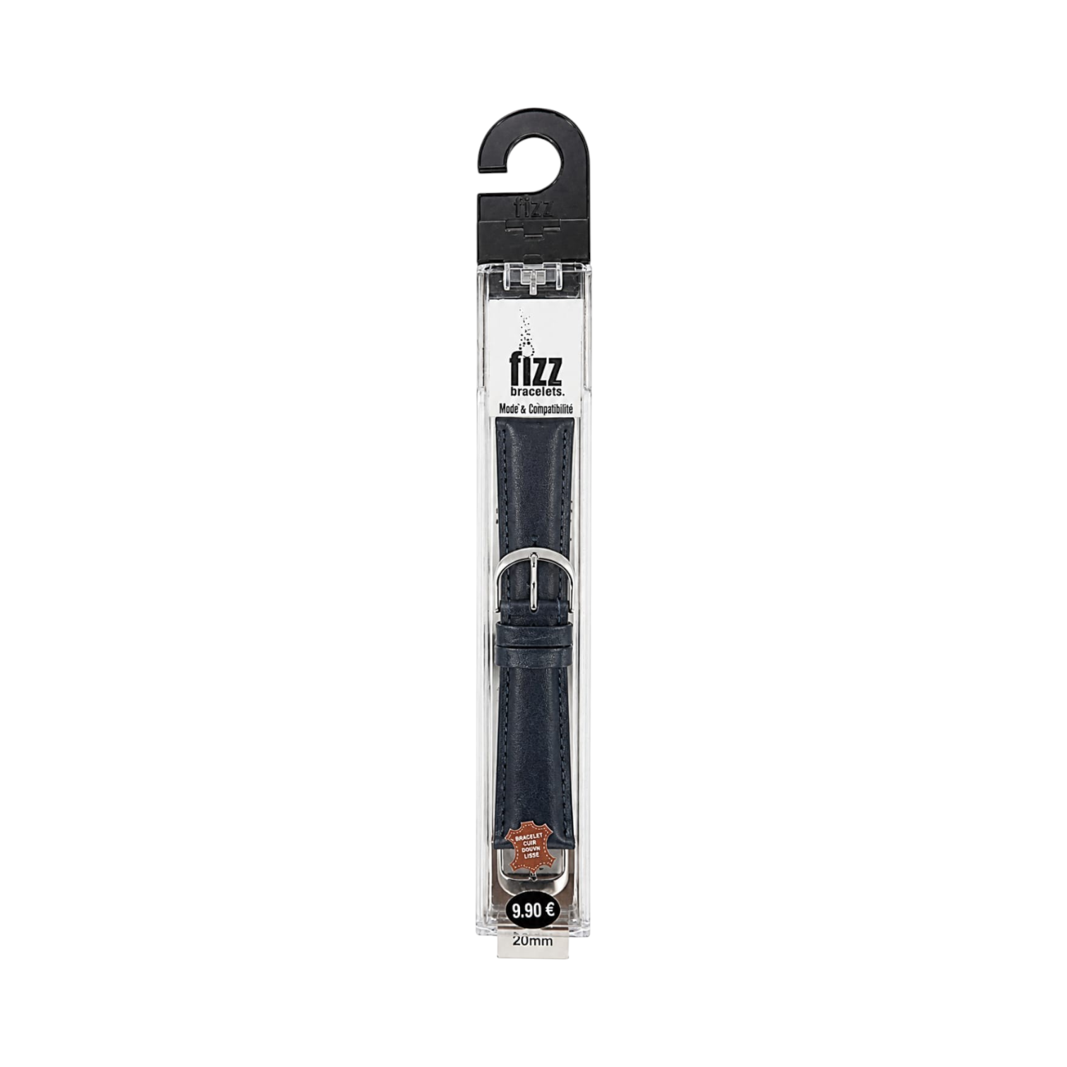 OBtech FIZZ navy blue leather smartwatch strap in clear retail packaging with a silver buckle