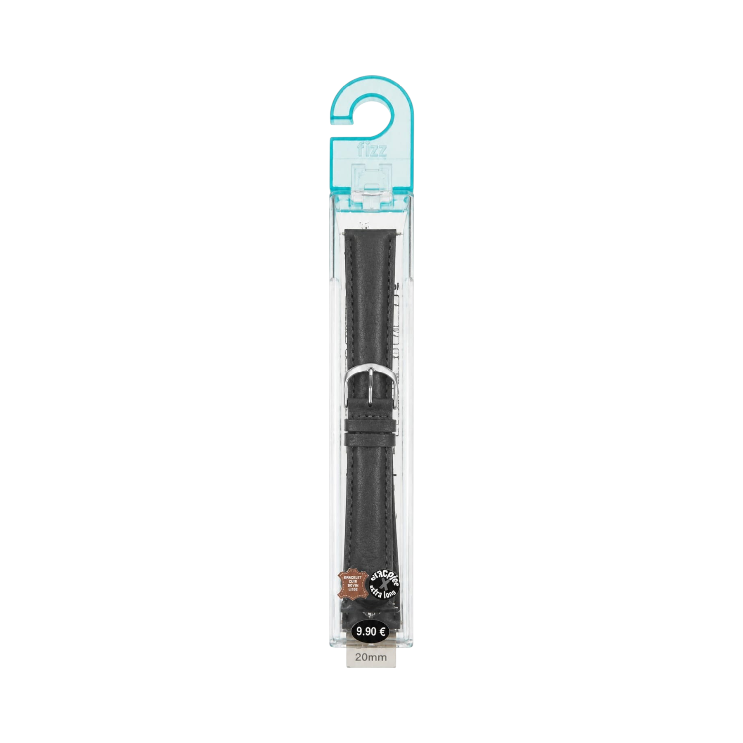 OBtech FIZZ black leather smartwatch strap in clear retail packaging with a silver buckle and 20mm width label