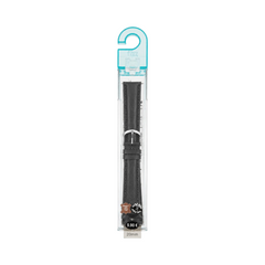 OBtech FIZZ black leather smartwatch strap in clear retail packaging with a silver buckle and 20mm width label
