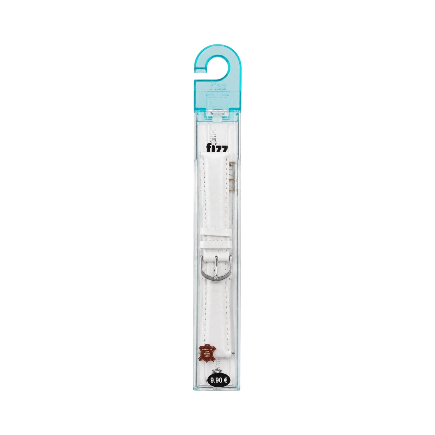 OBtech FIZZ white leather smartwatch strap in clear retail packaging with a silver buckle and stitched detailing.