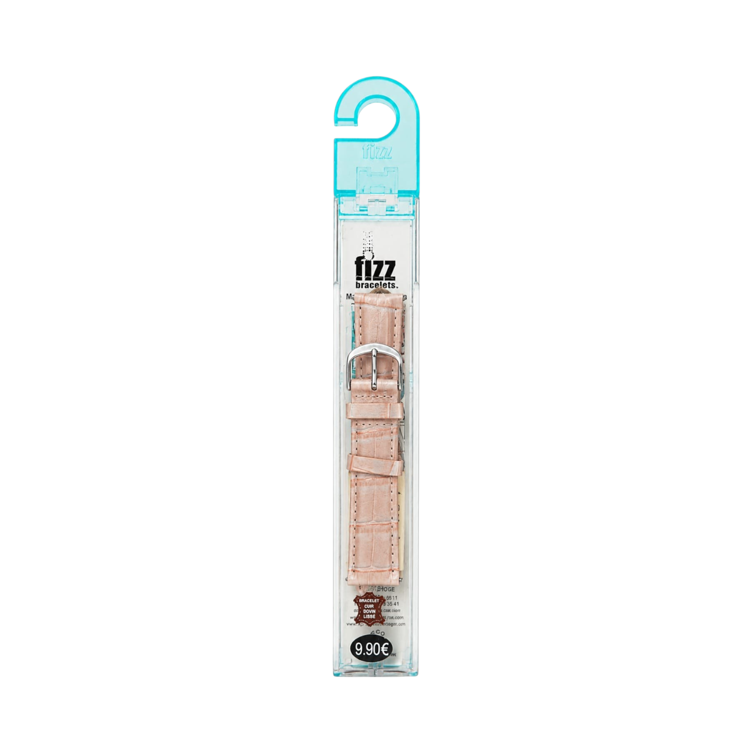 OBtech FIZZ light pink textured leather smart watch strap in clear retail packaging with a polished metal buckle