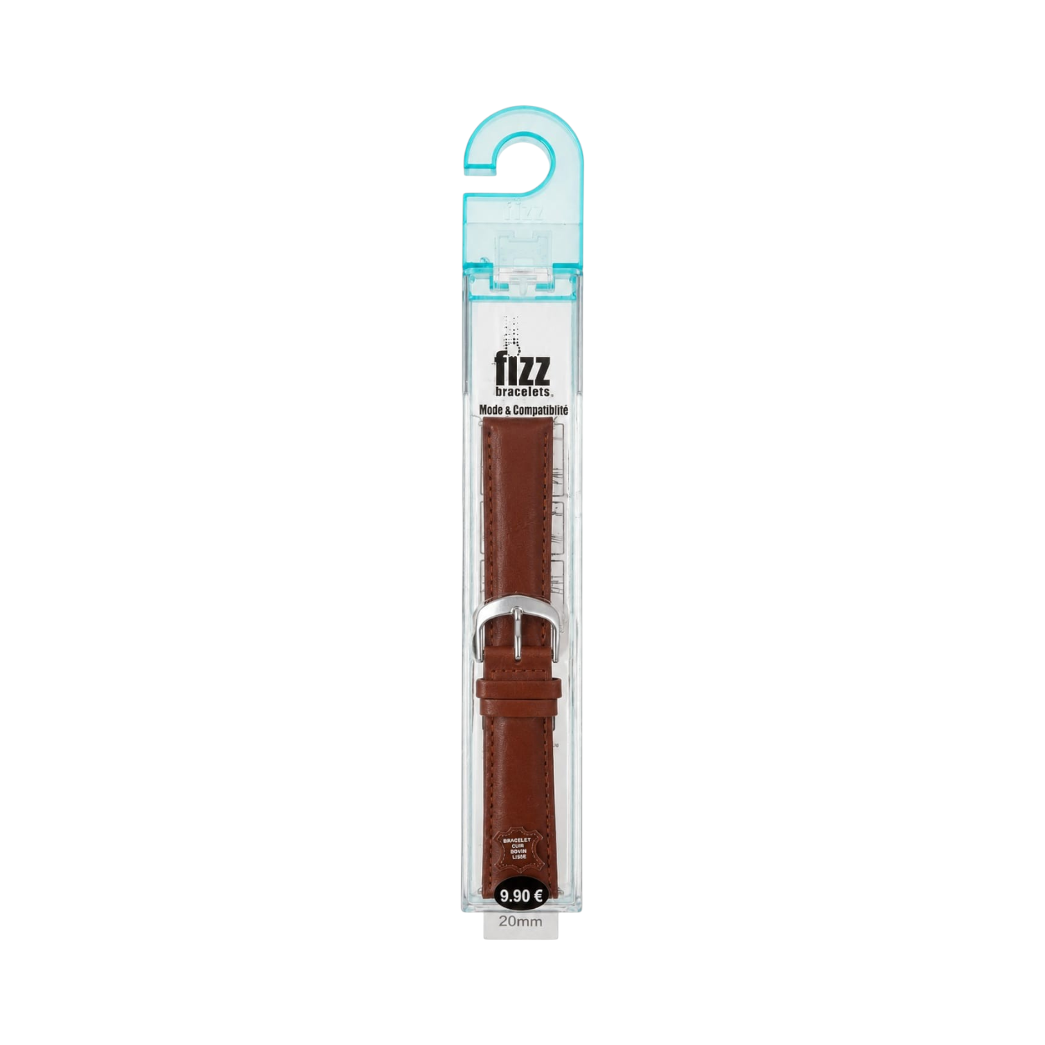 OBtech FIZZ brown leather smartwatch strap in clear plastic retail packaging with a silver buckle