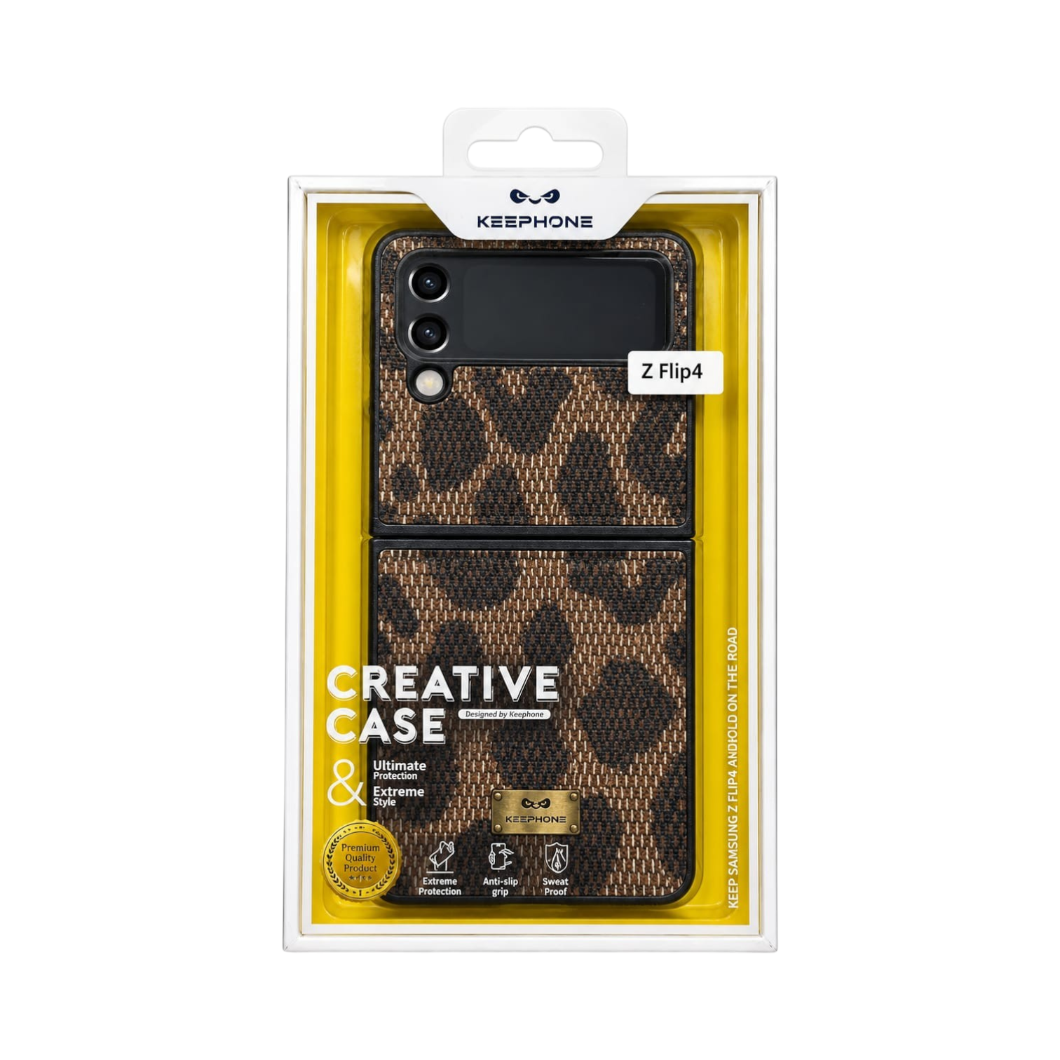OBtech KEEPHONE Samsung Galaxy Z Flip 4 protective leather case with a brown and black leopard print pattern