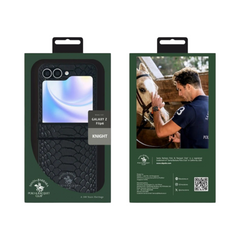 OBtech Santa Barbara POLO & RACQUET Club black leather protective case for Samsung Galaxy Z Flip 6 in retail packaging