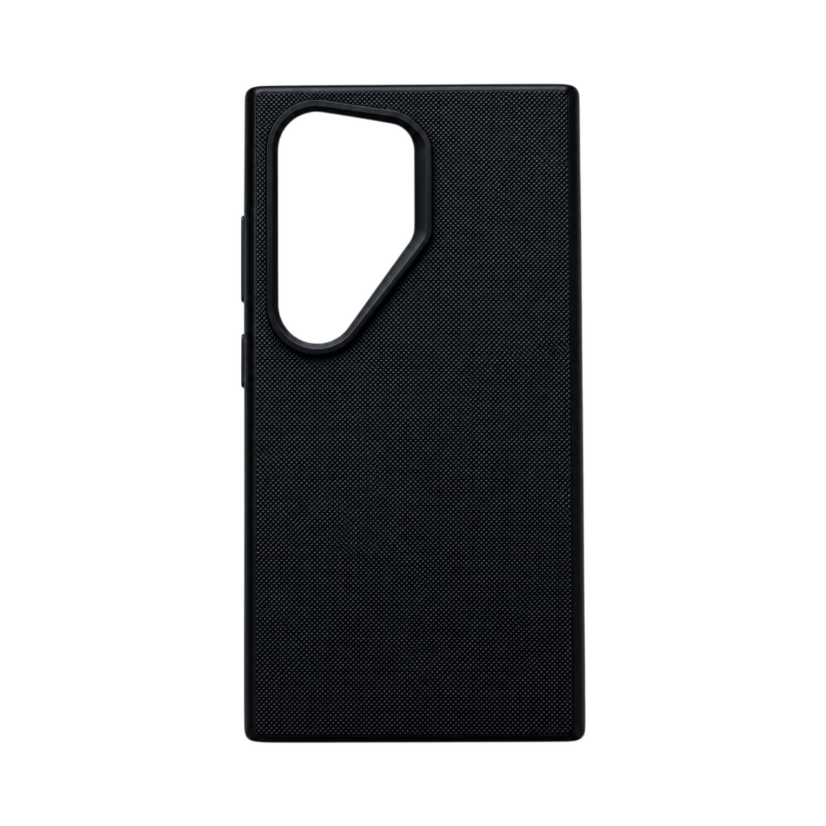 OBtech Kvadrat Corners Samsung Galaxy S26 Ultra cover in black with a textured carbon fiber-inspired finish.